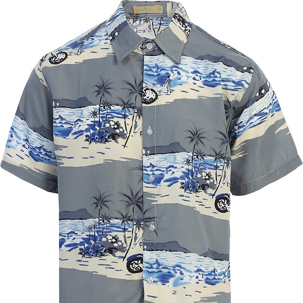HanTon Men's Relaxed Fit Short Sleeve Hawaiian Shirt - MH-104-Light Grey